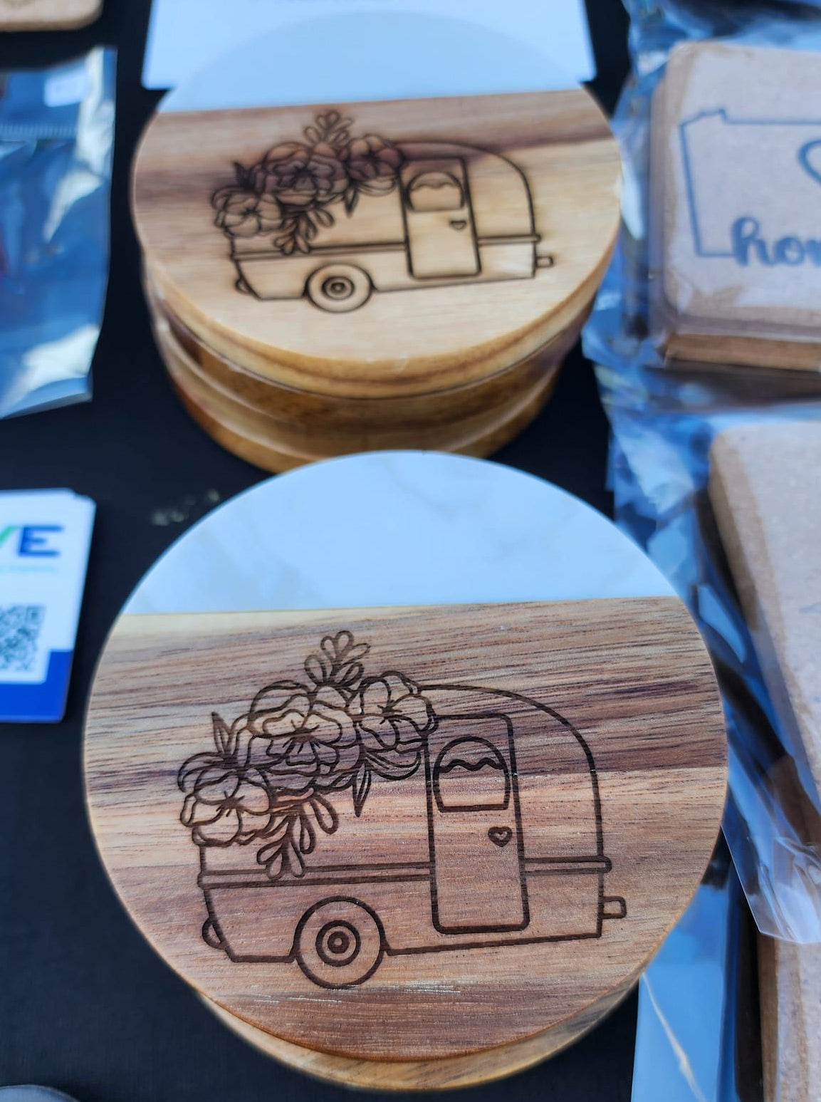 Acacia Wood with faux marble coasters laser engraved with a vintage camper and floral design